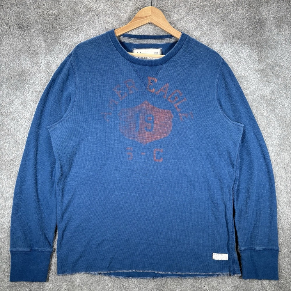 Vintage American Eagle Shirt Mens XL Blue Waffle Knit Thermal‎ Graphic Y2K